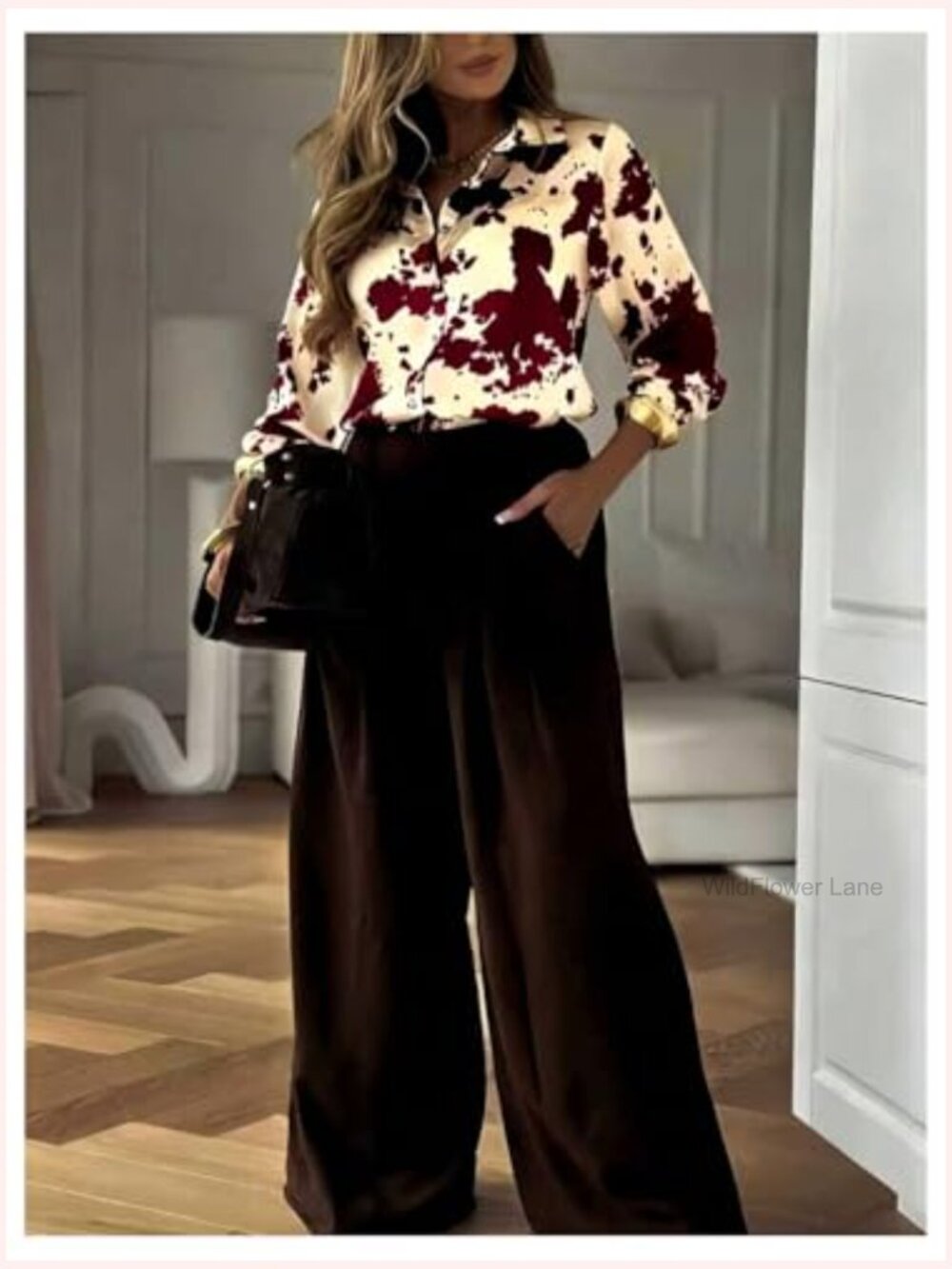 Cow Print Button Down Shirt Long Sleeve Collared Blouse Work Dressy Top - Picture 4 of 4
